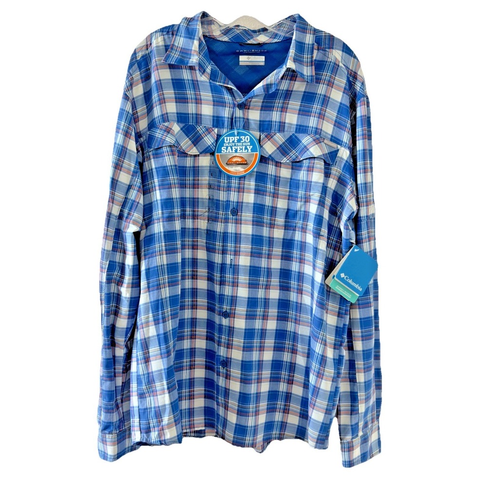 Columbia L Kestrel Trail Men's Shirt Blue Plaid Long Sleeve Omni Shade UPF 30